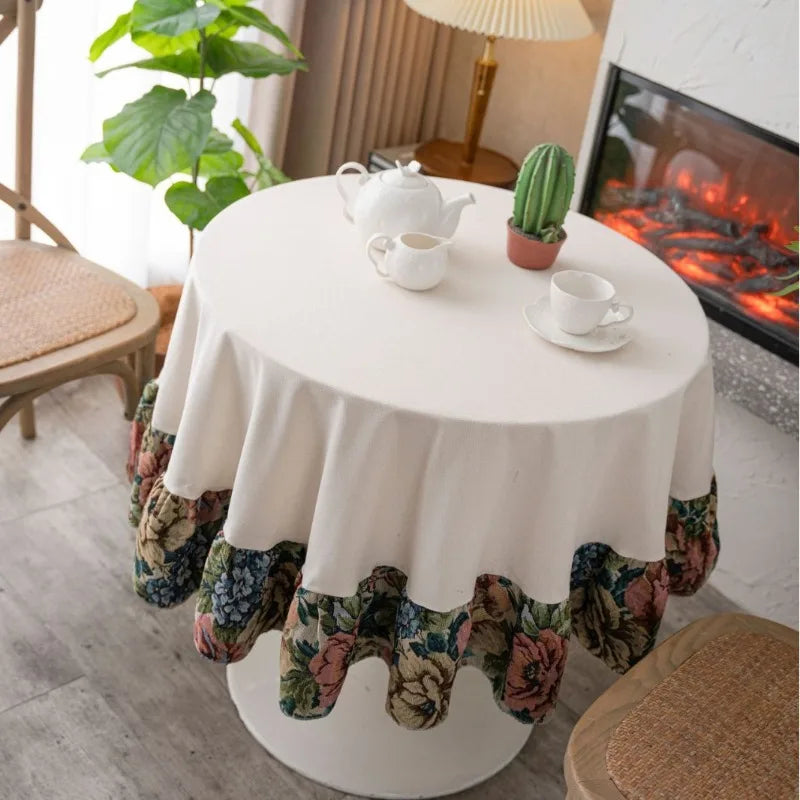 nappe table ronde jacquard floral couleurs vives blanc bleu rose vintage romantique polyester coton