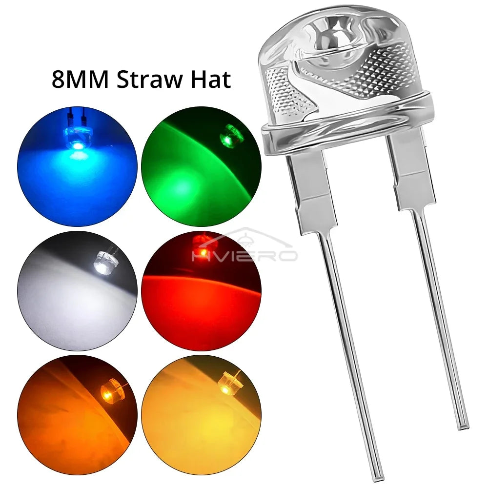 diodes led coniques blanc rouge vert jaune bleu warm 8mm sans fixation transparentes