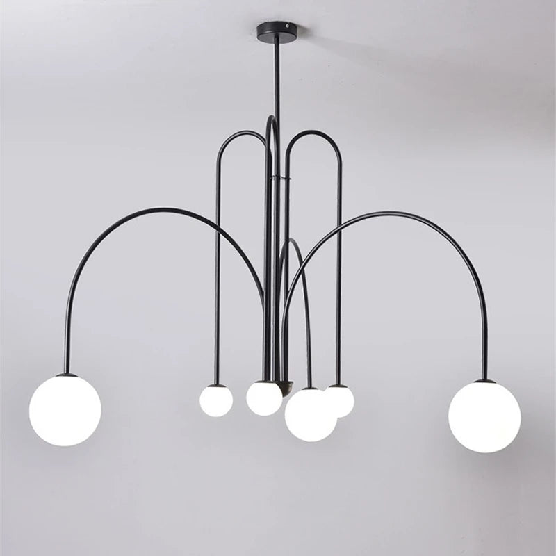 lustre moderne rouge noir doré sphères blanches opaques suspension salon chambre