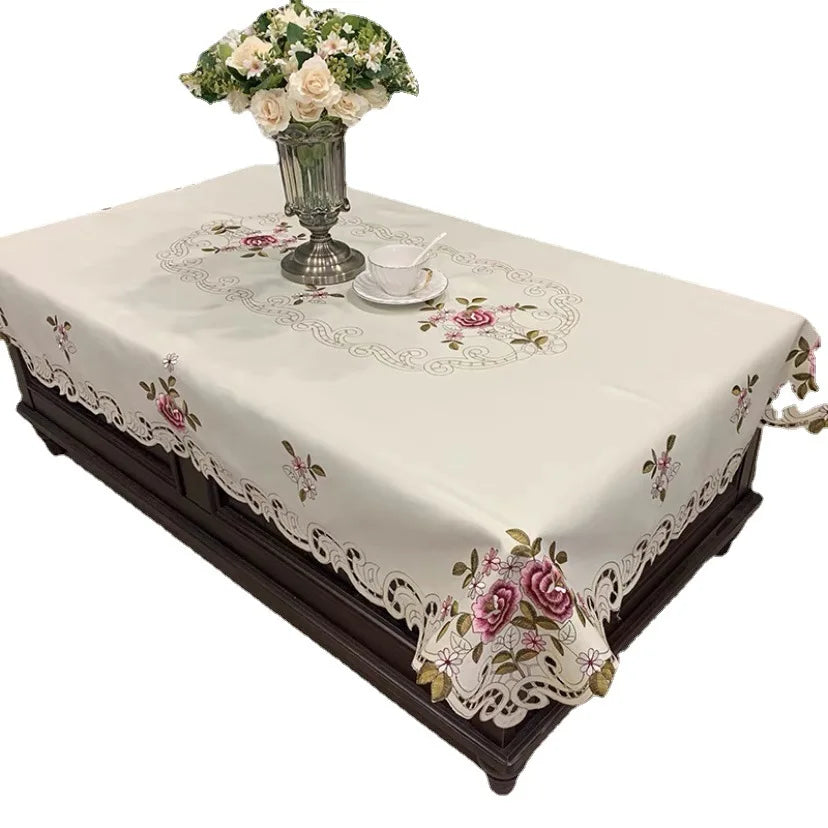 nappe table rectangulaire polyester brodé fleurs classique imperméable réutilisable blanc rose vert beige