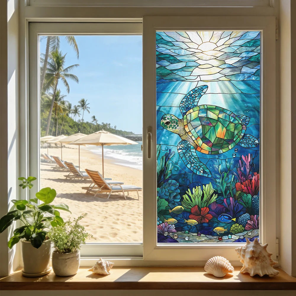 film décoratif fenêtre adhésif ondes soleil tortue palmiers coraux bleu vert jaune