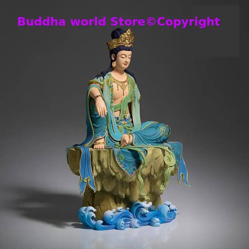 statue bouddha guanyin bleu turquoise vert bronze traditionnelle chinoise décoration florale or 24k
