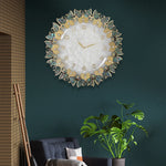 horloge murale blanche dorée motif feuilles vertes classique fixation support mural decoration moderne tendance
