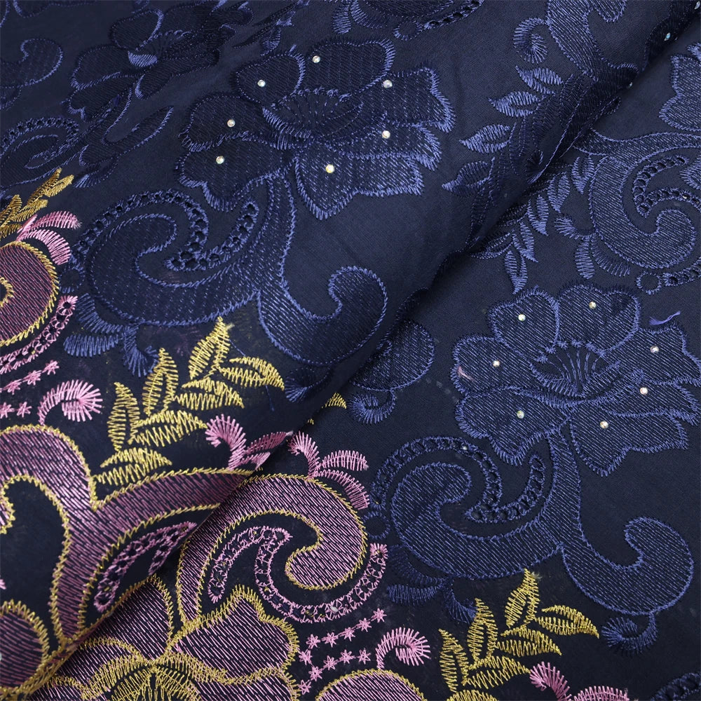 tissu dentelle brodée floral bleu marine violet doré robe mariage haute qualité coton polyester