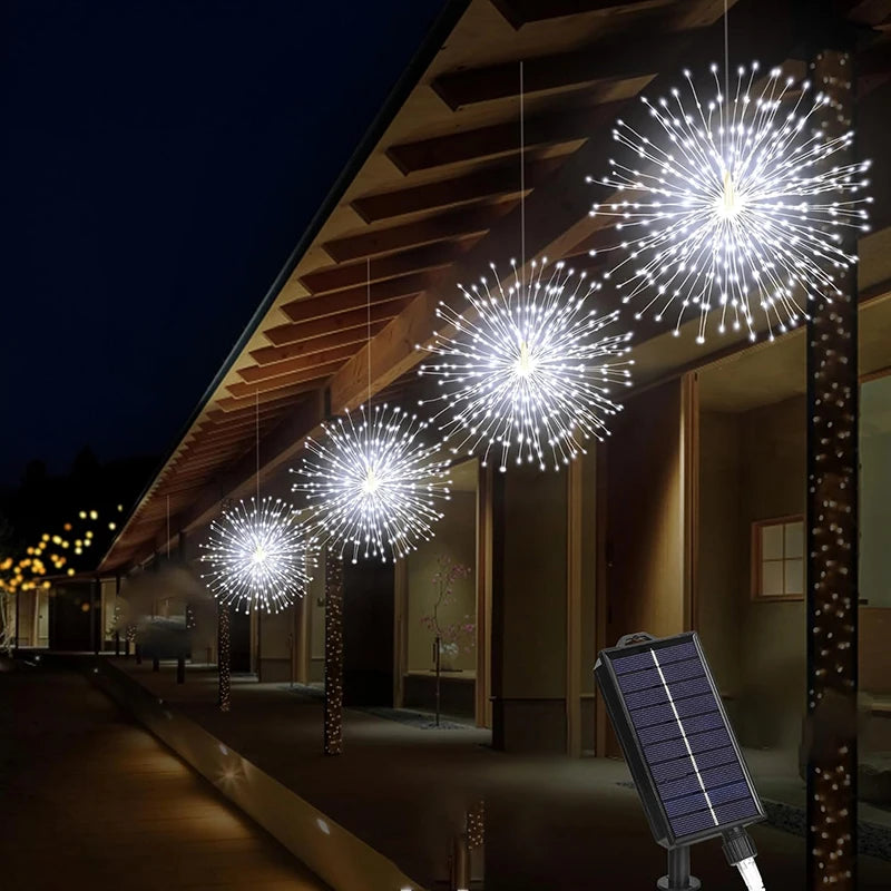 guirlande lumineuse solaire feu d'artifice multicolore jaune or extérieure festive nocturne