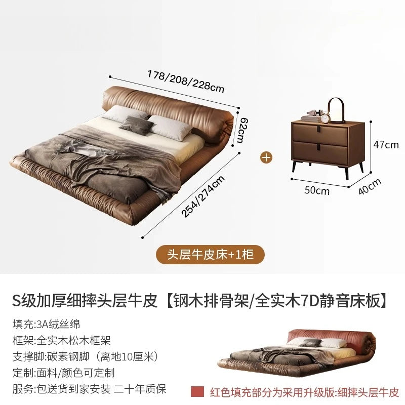 lit marron clair minimaliste simili cuir bois oreiller coussin carré king size queen size