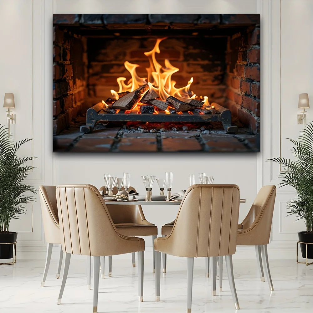 tableau mural feu cheminée noir orange réeliste brique bois meubles décoration intérieure