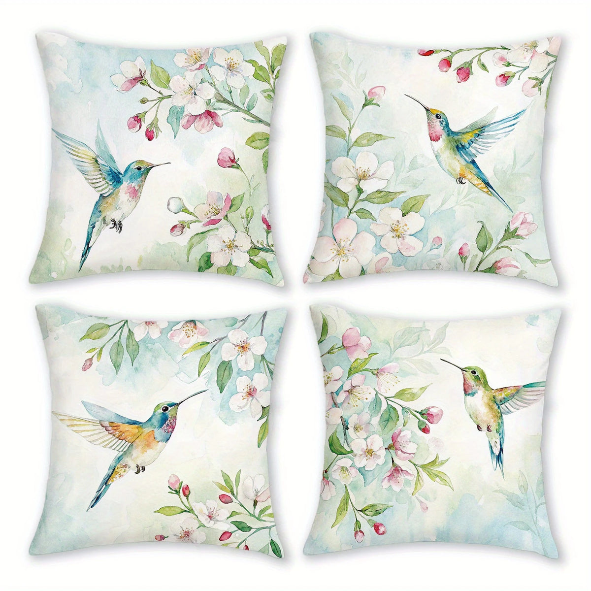 housses coussins carrés fleurs oiseaux printemps polyester blanc opacité zipper lit canapé décoration