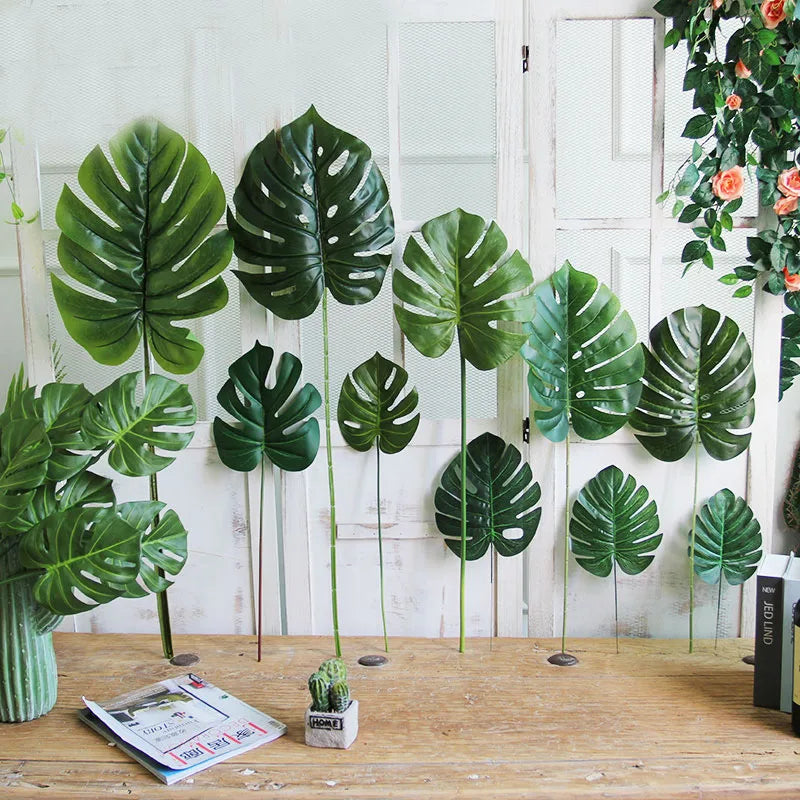 feuilles artificielles vertes tropicales moderne décoration extérieure anniversaire exposition photo fond faux plantes PVC