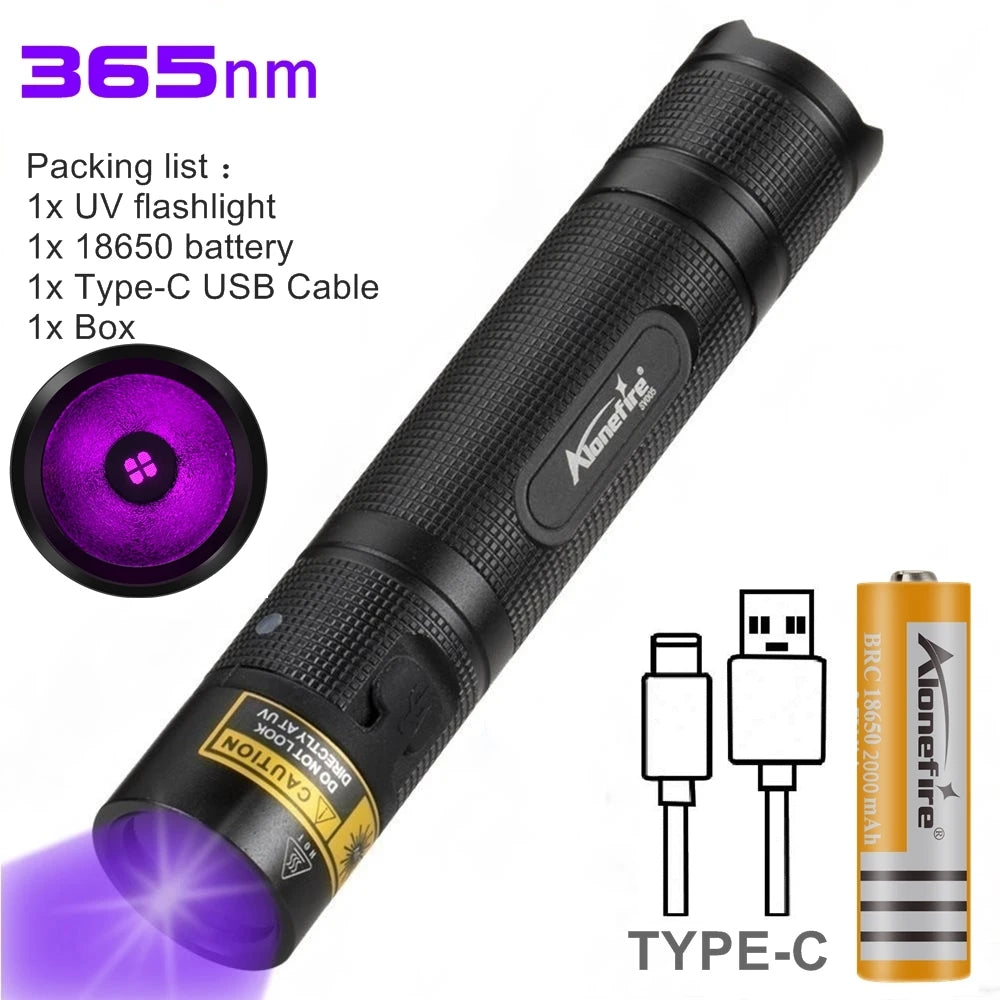 lampe torche uv 10w rechargeable lumière noire 365 405nm détecteur animaux billets minéraux led