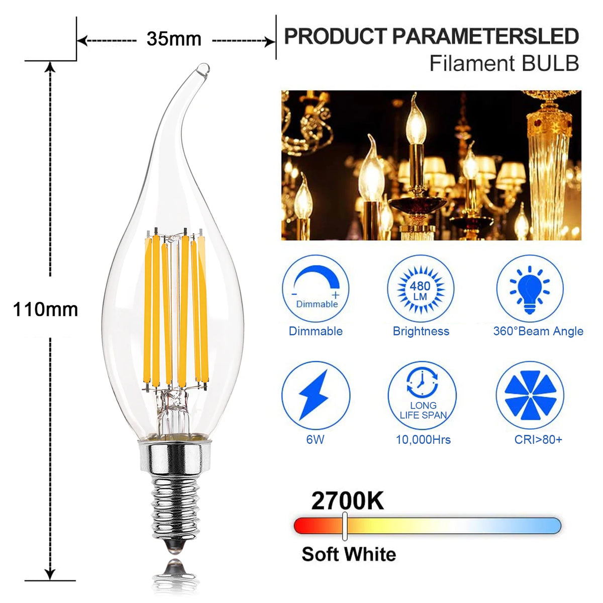 Ampoule LED filament transparente jaune 2700K 6500K E12 E14 25000h moderne vintage