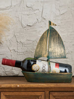 présentoir bouteille vin bateau voile vert or aspect vieilli décoratif nautique rustique bijou