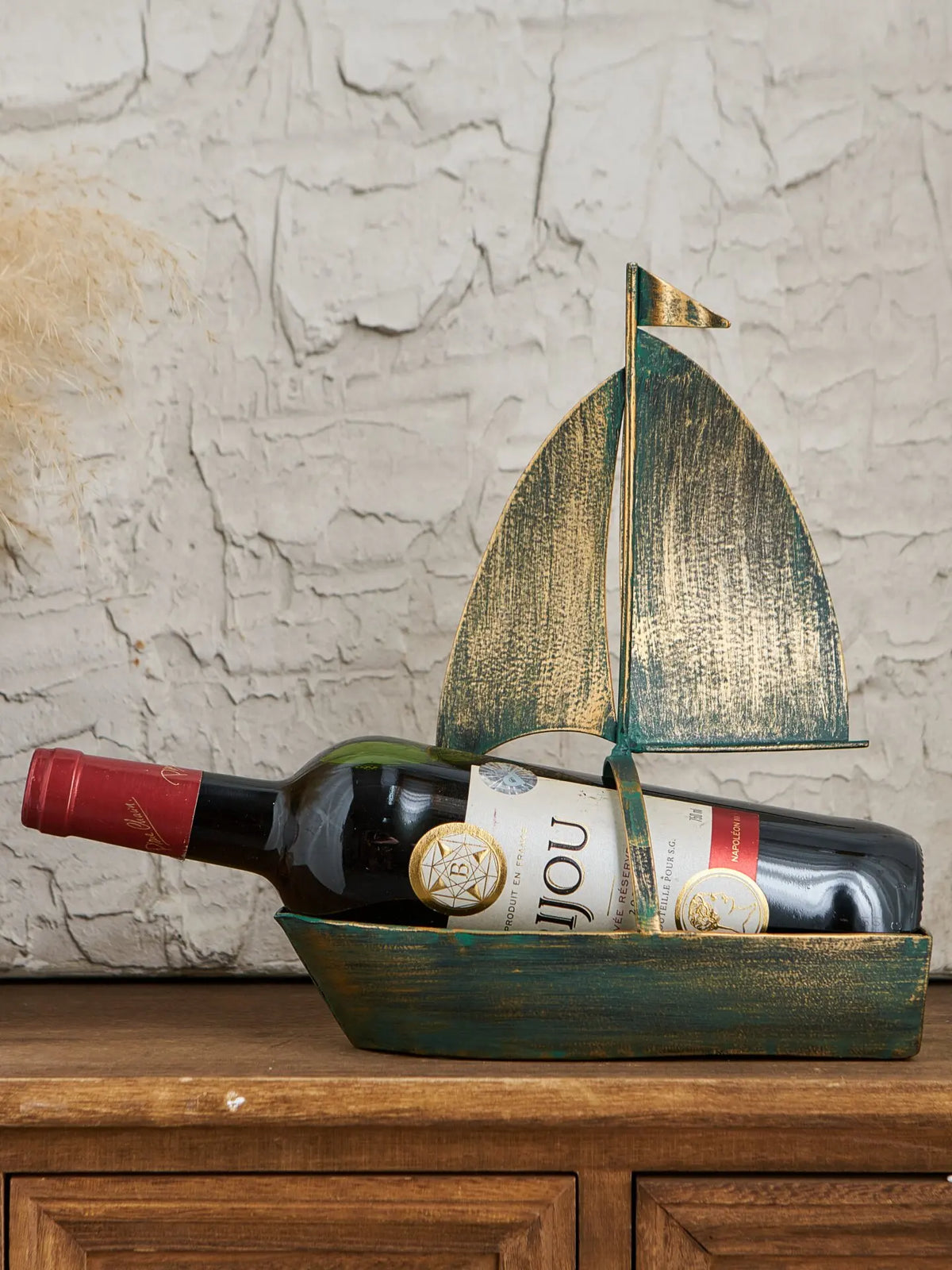 présentoir bouteille vin bateau voile vert or aspect vieilli décoratif nautique rustique bijou
