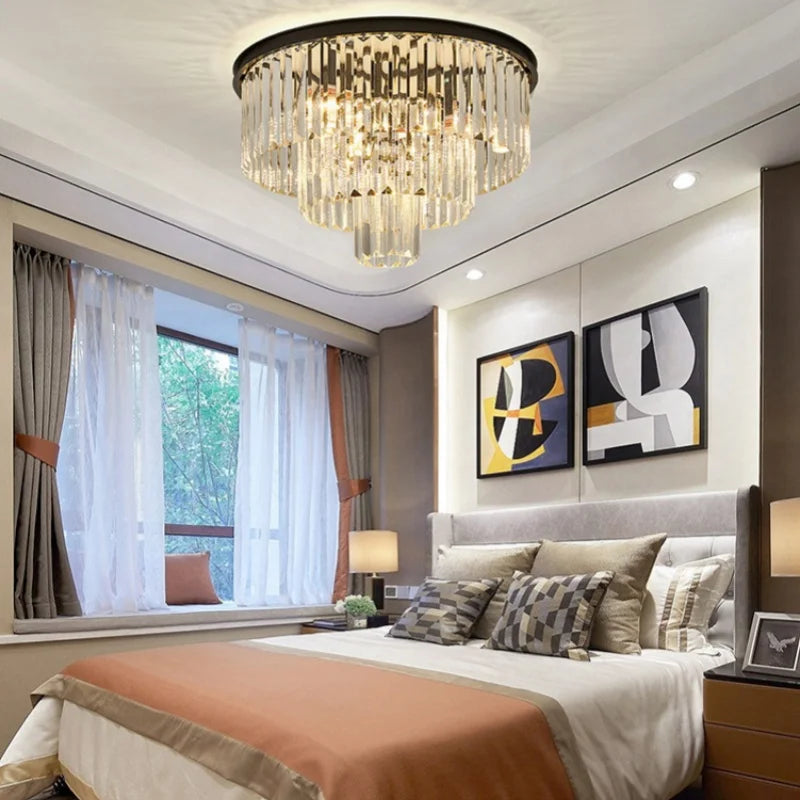lustre moderne élégant doré transparent prismes géométriques câble led chambre salle mangerhôtel