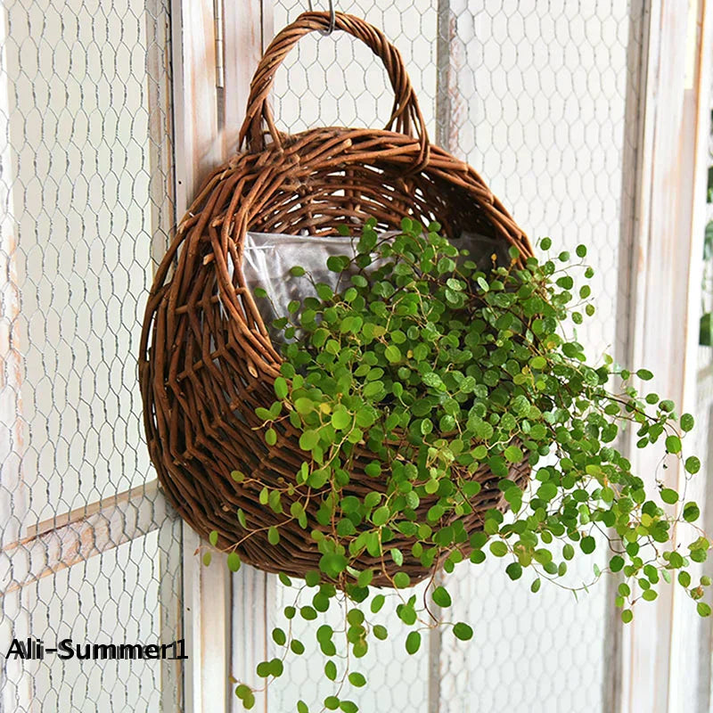 panier suspendu marron clair tressé rustique plante artificielleintérieur décoration support