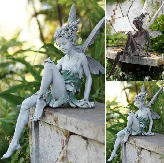 ornement extérieur statue fée assise résine détails floraux blanc marron fantastique
