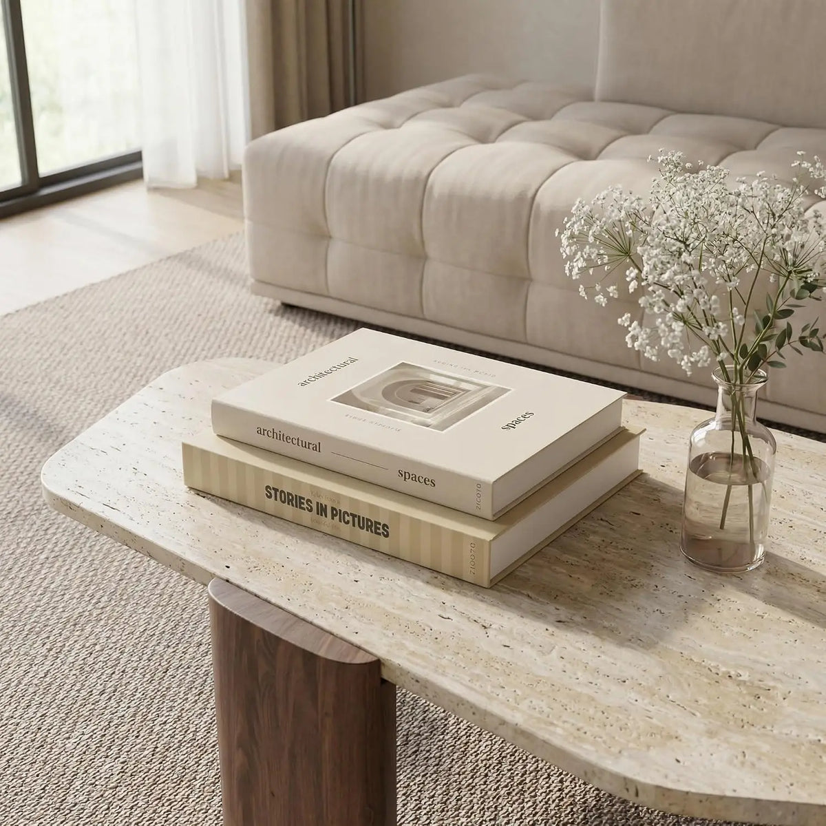 décor maison livres faux minimaliste beige lisse moderne élégant salon contemporain subtiles impressions graphiques