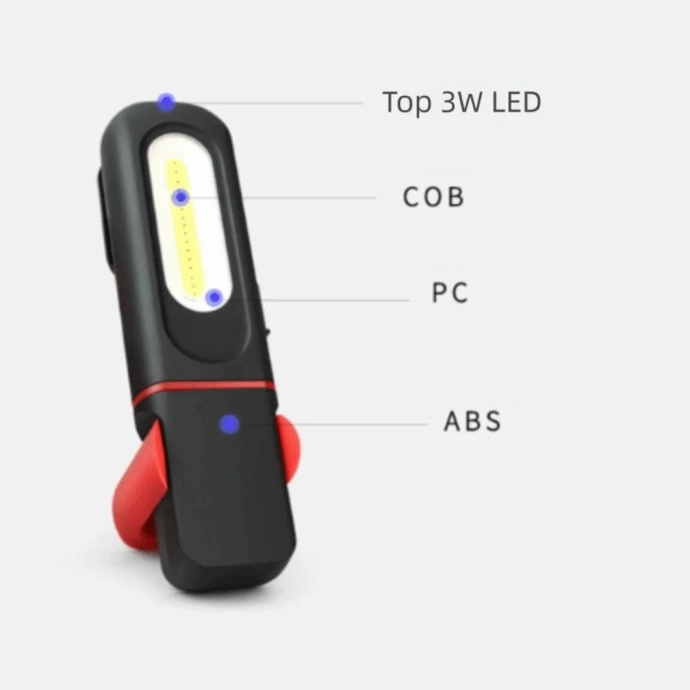 lampe torche rechargeable usb noire rouge crochets rotatifs indicateur charge moderne