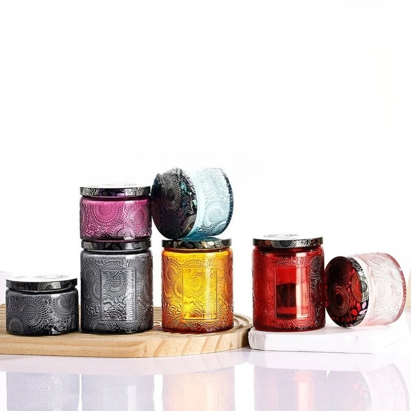 pots savon opaques vintage gravure bouchons jaune gris violet bleu rouge blanc 5pcs 120ml