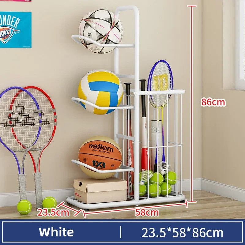 support rangement sport blanc noir doré raquettes balles tennis volleyball moderne minimaliste