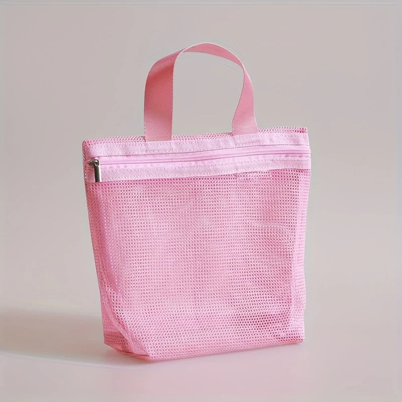 sac toilette transparent tissu maillé rose bleu marine beige simple minimaliste porte accessoires voyage