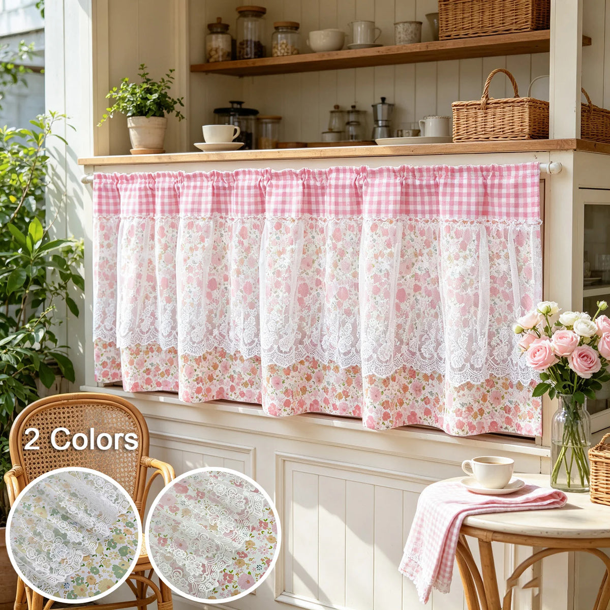 rideau fenêtre vintage rose floral romantique dentelle blanche maison pastorale