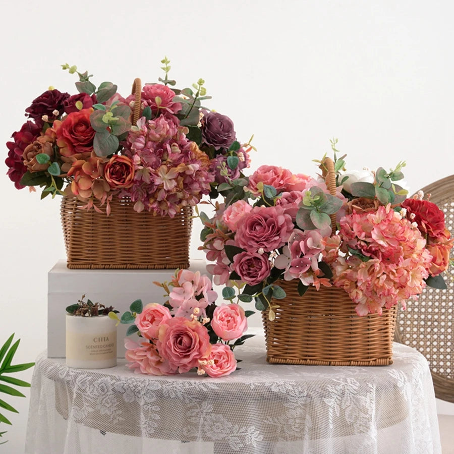 Bouquet artificiel rose fleurs roses feuilles vertes vase transparent décoration intérieure classique romantique