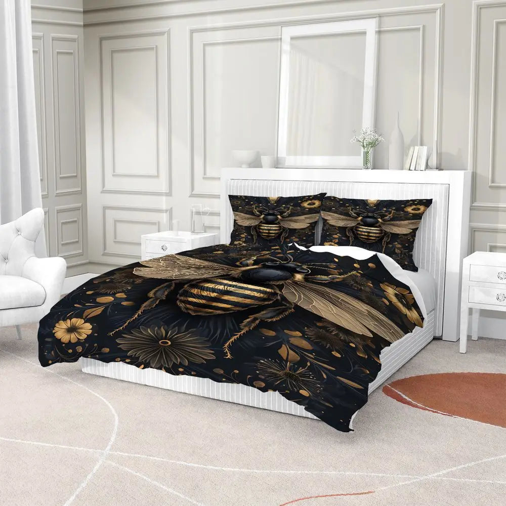 ensemble couette abeille motif floral moderne noir or blanc fermeture éclair taies d'oreiller triple