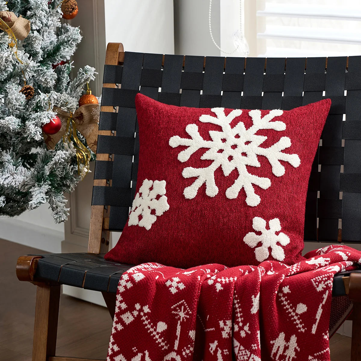 taies d'oreiller square rouge blanches flocons merry christmas coton polyester décoration lit sans rembourrage