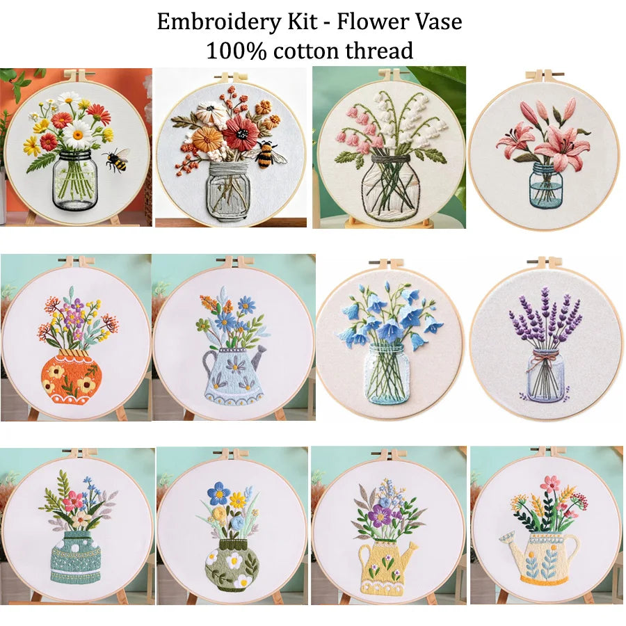 kit broderie fleurs vases multicolore traditionnel anneaux bois guide couture aiguilles fil coton