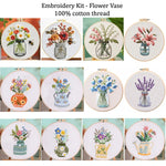 kit broderie fleurs vases multicolore traditionnel anneaux bois guide couture aiguilles fil coton