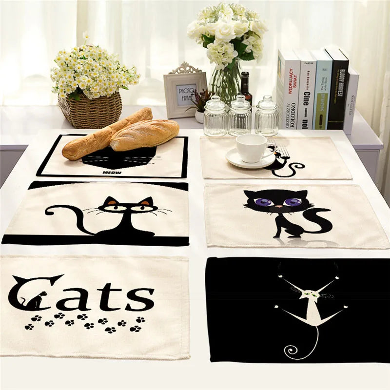 serviette table rectangulaire lin beige motif chat noir coeur décoration cuisine moderne classique