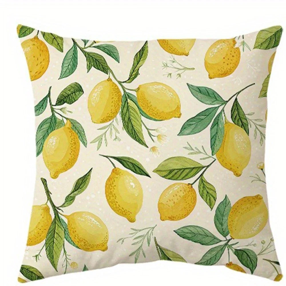 housse coussin carré moderne motif citron feuilles fleurs beige vert jaune opaques salon chambre