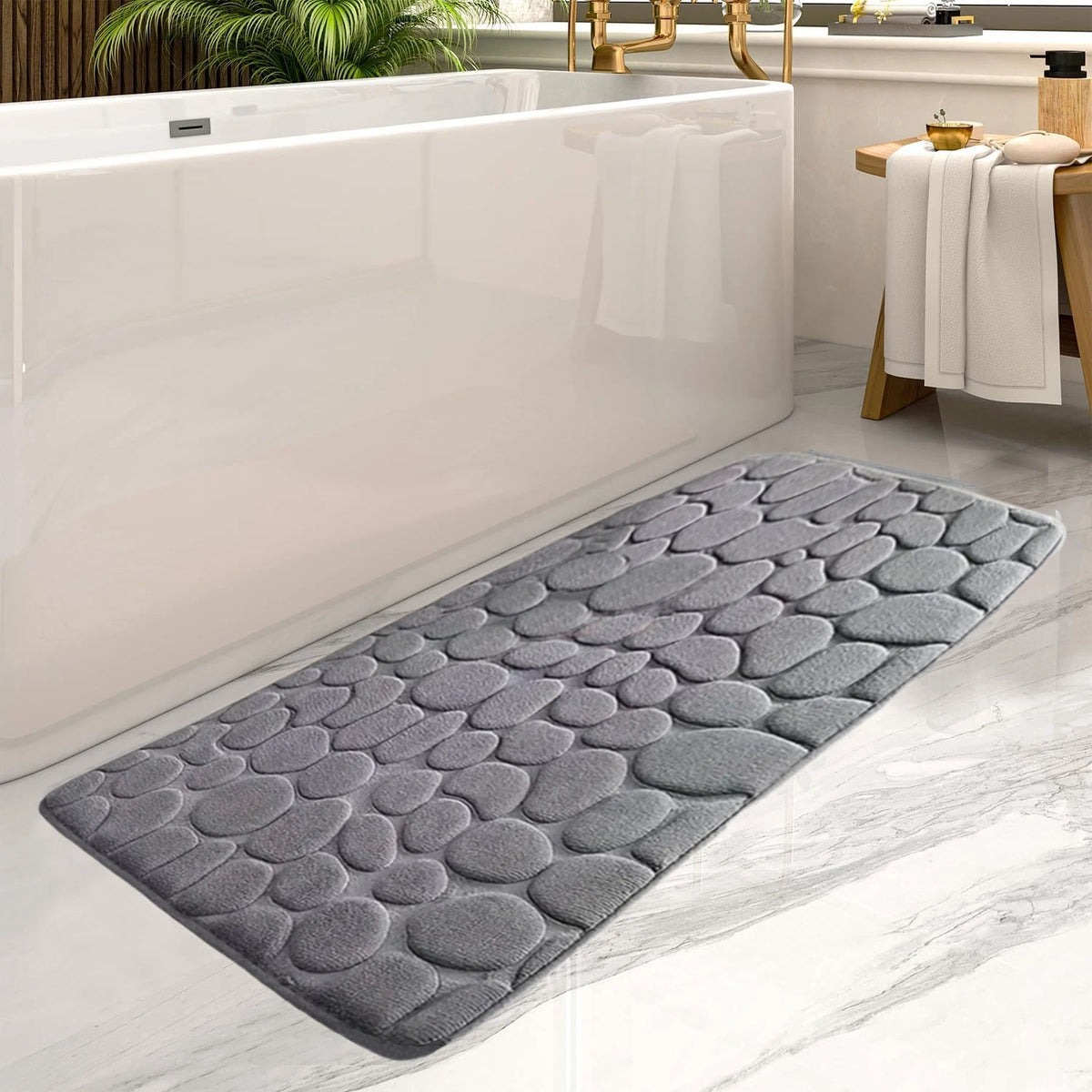 tapis bain gris moderne texture cailloux antidérapant absorbant 120cm 50cm