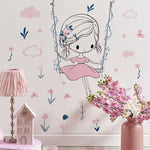 sticker mural fille balançoire fleurs nuages autoadhésif pvc eau illustration colorée chambre enfant