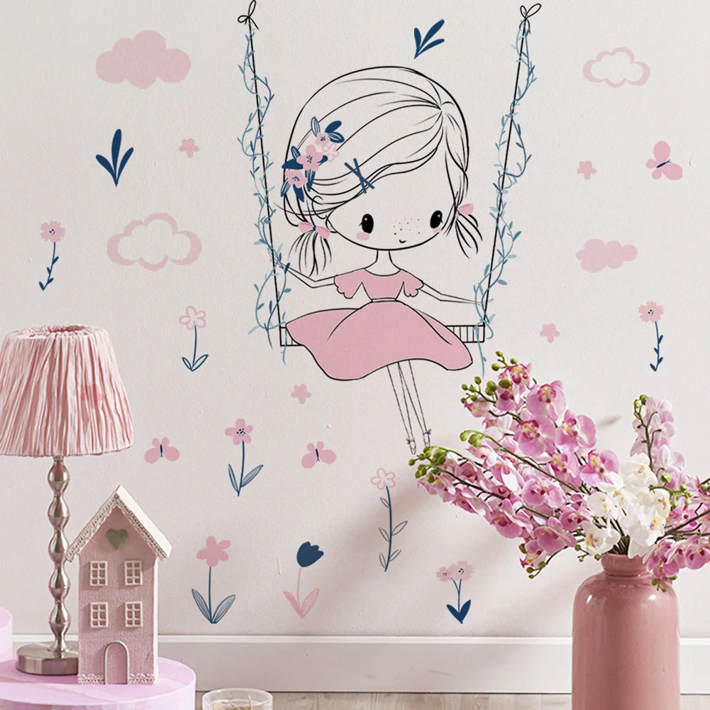 sticker mural fille balançoire fleurs nuages autoadhésif pvc eau illustration colorée chambre enfant