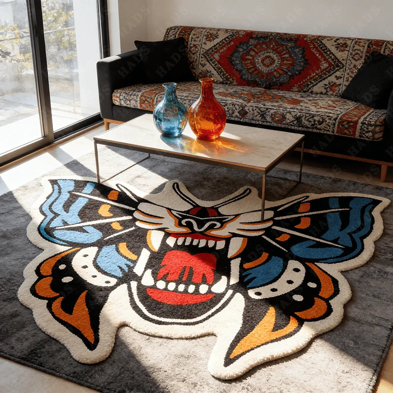 tapis moderne papillon stylisé blanc bleu orange résistant décoloration imperméable antidérapant usage maison hôtelextérieur