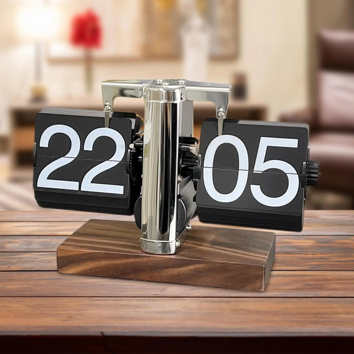 horloge flip cadran numérique vintage rétro base bois métal brillant chambre