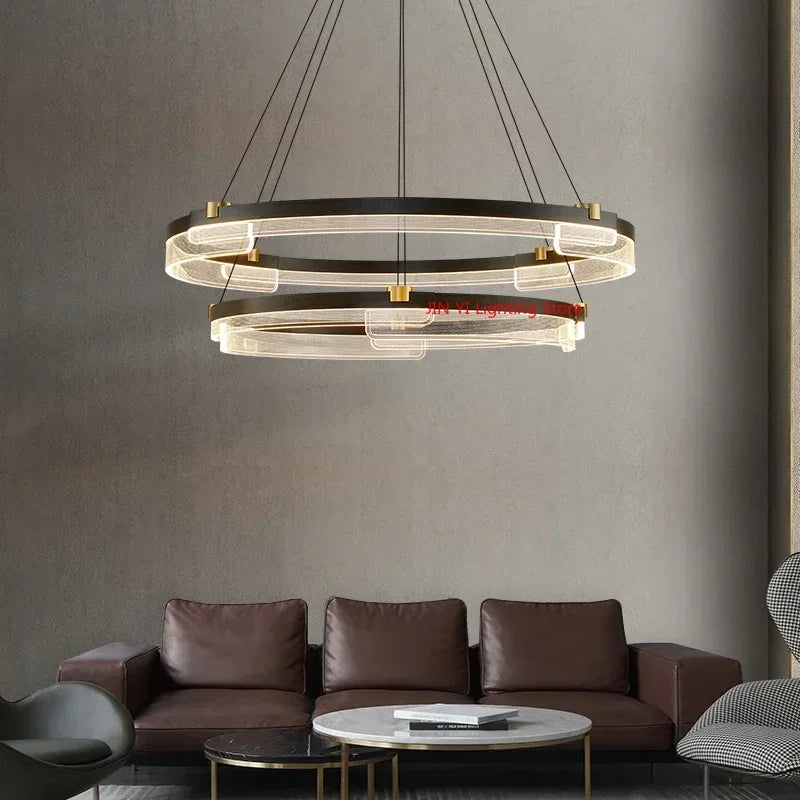 suspension lumineuse moderne noir doré ampoules led blanc translucide structure circulaire bandes translucides minimaliste