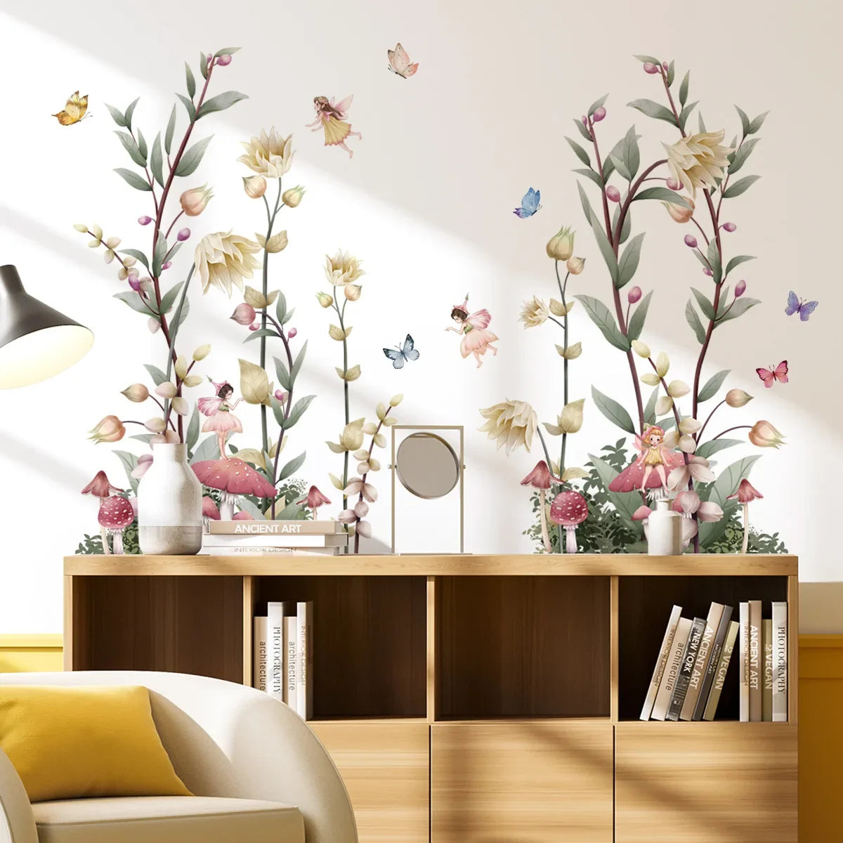 stickers muraux fleurs papillons fées champignons adhésifs pvc opaques vert beige rose blanc bleu