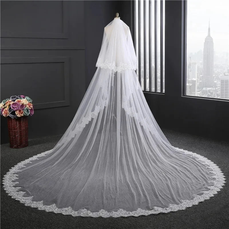 voile mariée double couche dentelle blanche crème bordure élégante clips métalliques translucent classique femme