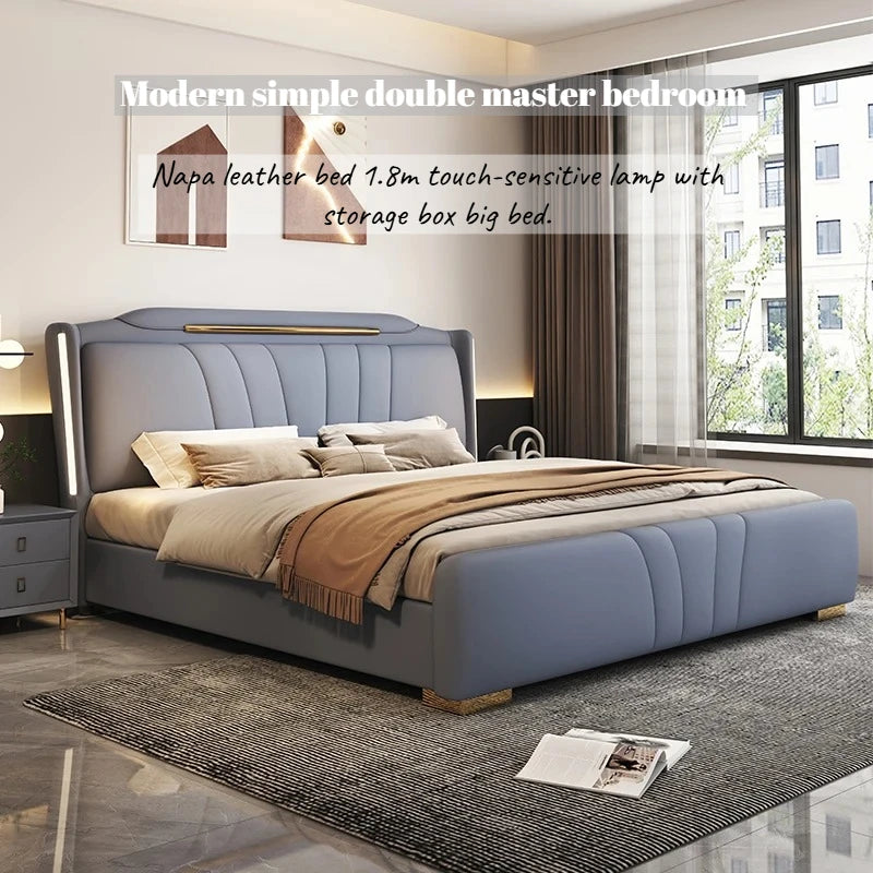 lit moderne bois tiroirs intégrés 182cm 151cm beige simples lignes verticales