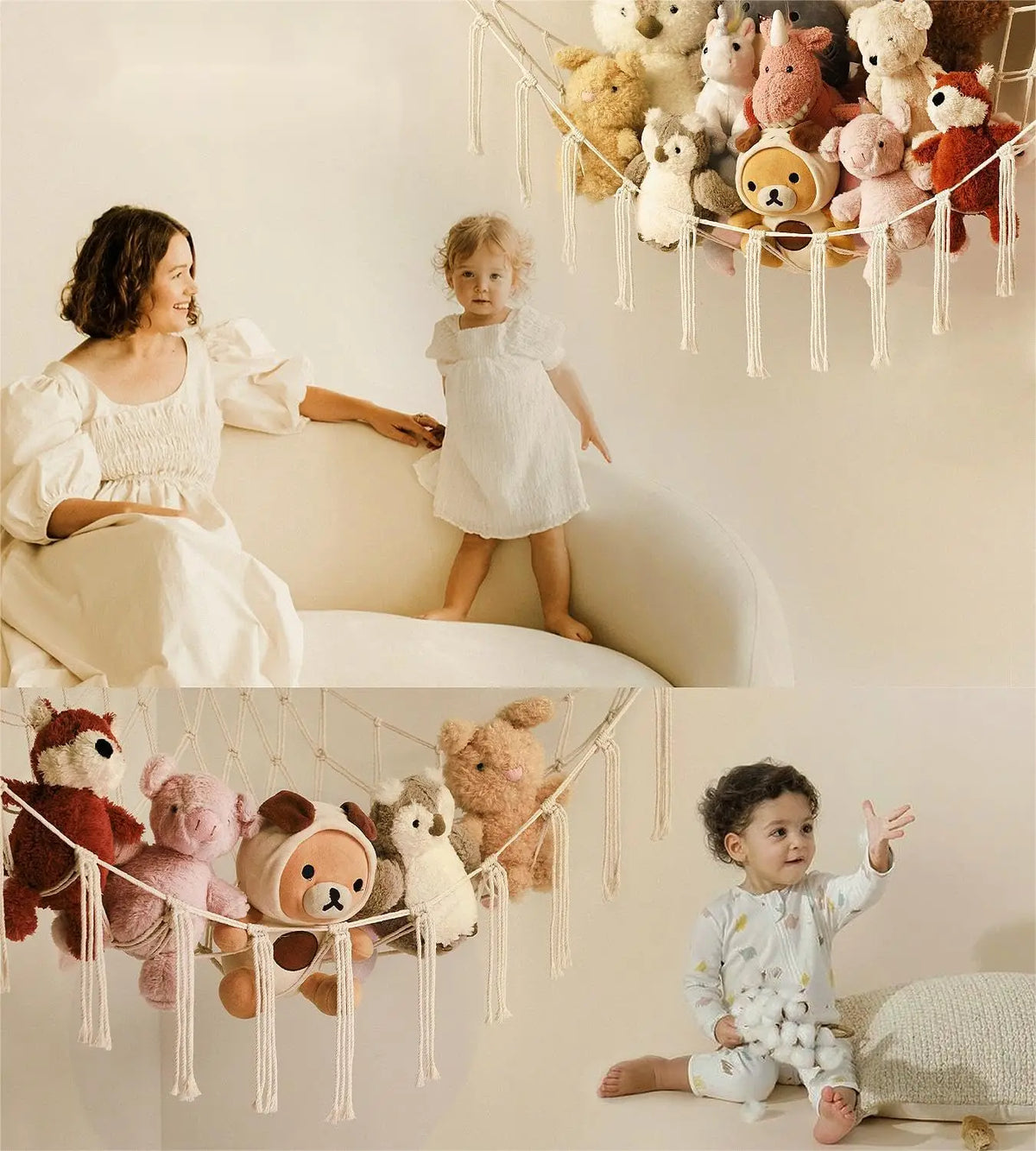 rangements suspendus bohèmes tressés peluches enfants décoration chambre étoiles jouets variés fixations murales crochets