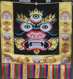 tissu décoratif tibétain brodé visage démon franges multicolores suspension tibétain rituel