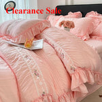 ensemble literie romantique broderies roses volants drap plat oreillers taies d'oreiller couleurs pastel vert