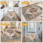 tapis bohème vintage bleu beige rouge ornements floraux bordure ornée antidérapant facile entretien