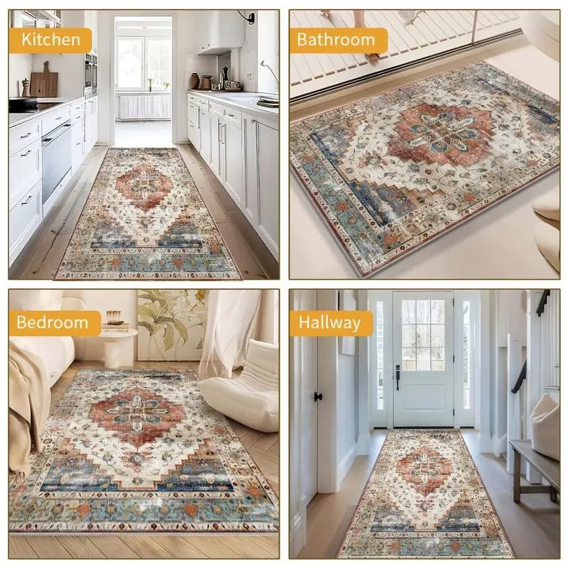 tapis bohème vintage bleu beige rouge ornements floraux bordure ornée antidérapant facile entretien