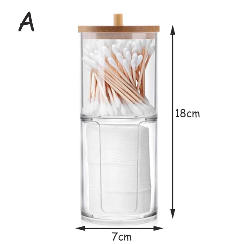 boîtes rangement cosmétiques transparentes couvercle bois moderne coton tige lingettes pinceaux rouges lèvres