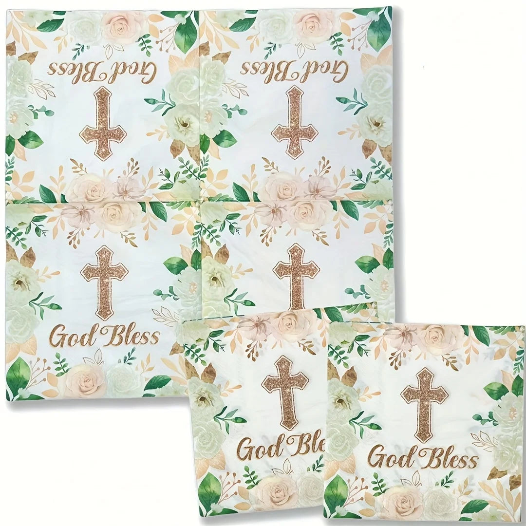 serviettes papier motif fleurs feuilles croix dorée God Bless blanc vert beige célébration événement