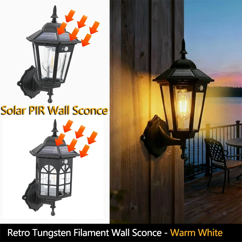 lampe murale solaire transparente vintage noir ampoule tungstène panneau polycristallin led ip65extérieur chemin jardin